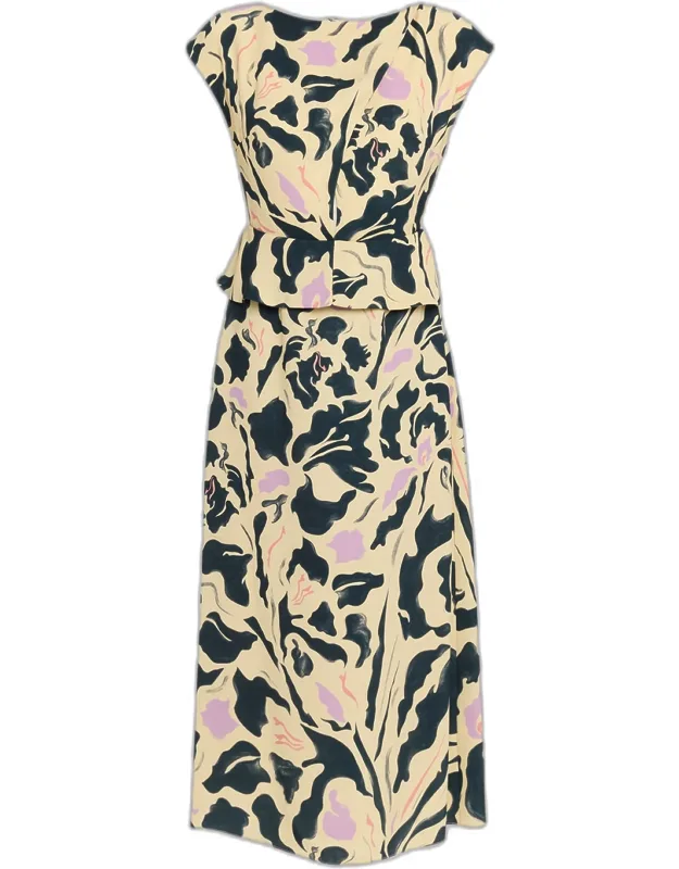Floral Silk Short-sleeve Peplum Midi Dress