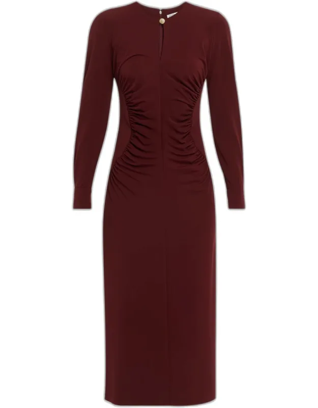 Ruched Long-sleeve Ankle Dress