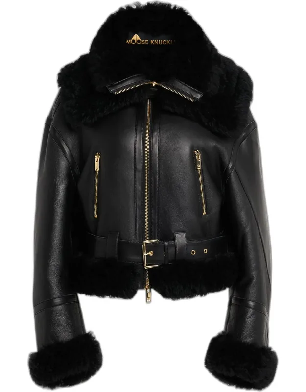 Leather Biker Jacket With Shearling Trim