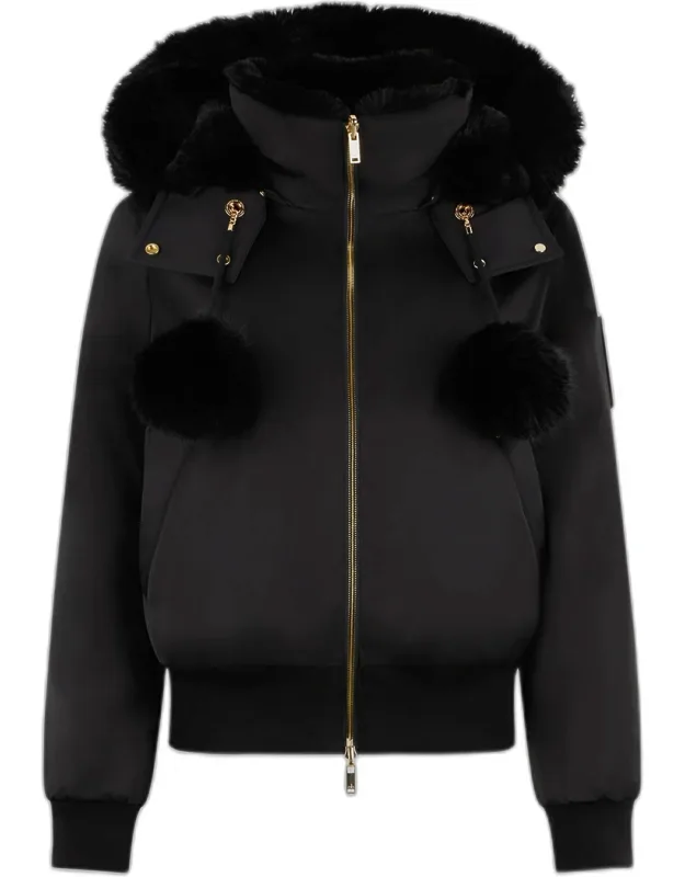 Satin Bomber Jacket With Removable Hood And Pom Poms