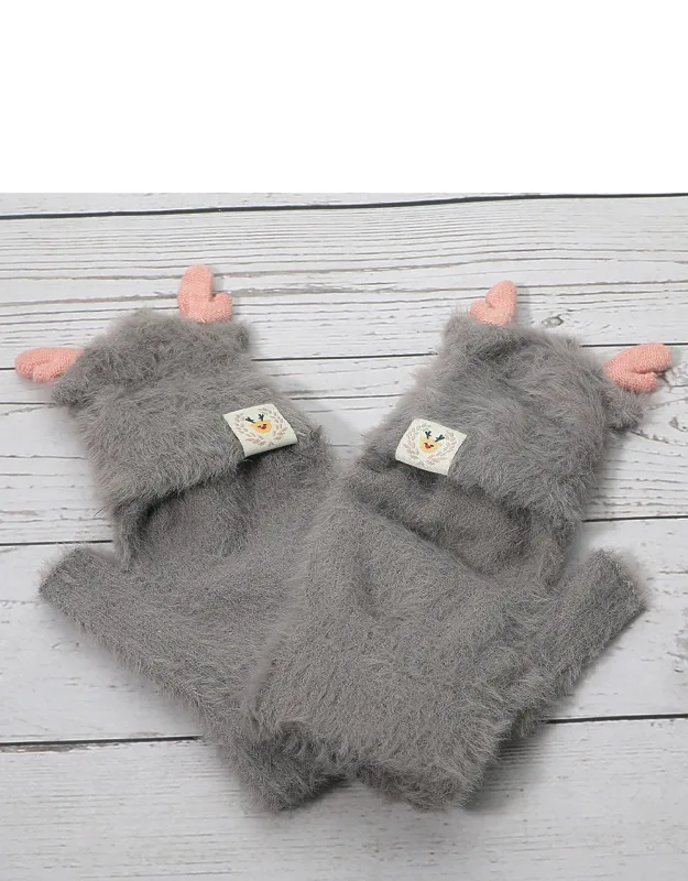 Fuzzy Reindeer Ear Fingerless Flap Winter Gloves