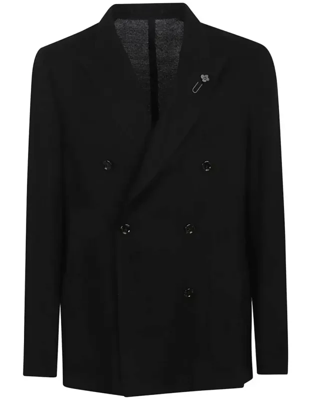 Double-breasted Blazer With Notch Lapel And Floral Lapel Pin