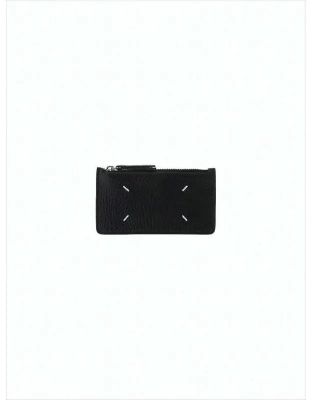 Textured Calf Leather Wallet With Zippered Closure And Stitch Accents