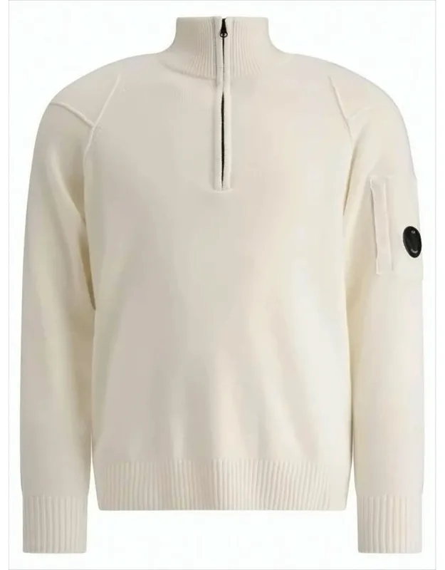 High Ribbed Collar Sweater With Half-zip Closure And Patch Pocket