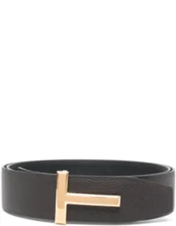 Textured Calfskin Belt With Gold-tone T-shaped Buckle