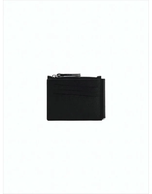 Compact Leather Wallet With Zippered Compartment And Stitched Detail