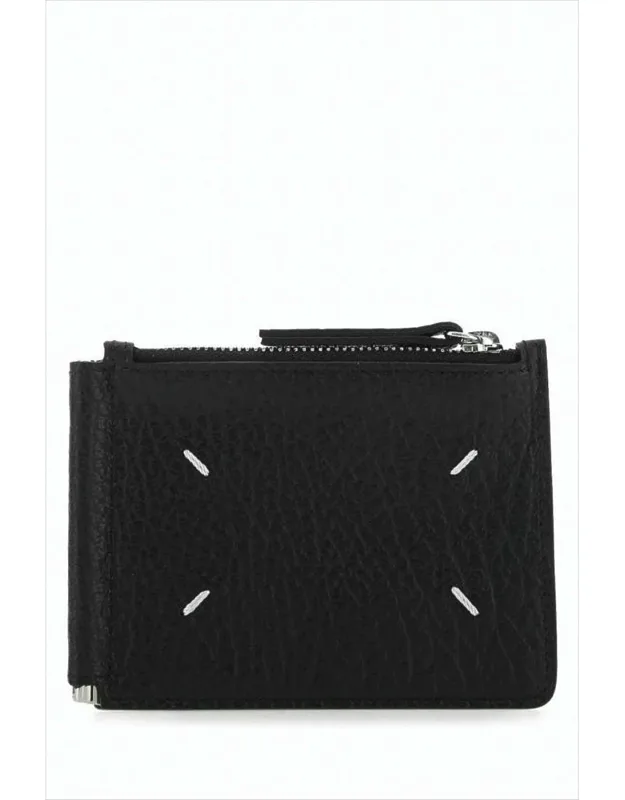 Textured Leather Card Wallet With Zip Compartment And Signature Stitching