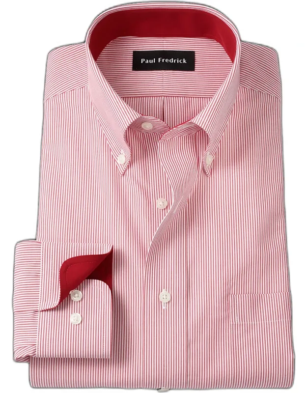 Tailored Fit Non-iron Cotton Stripe Dress Shirt With Contrast Trim, Button Down Collar, Longer Tails Designed To Stay Tucked In