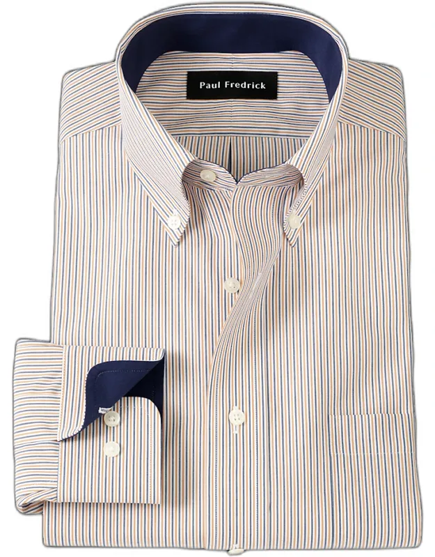Slim Fit Non-iron Cotton Stripe Dress Shirt With Contrast Trim, Button Down Collar, Longer Tails Designed To Stay Tucked In