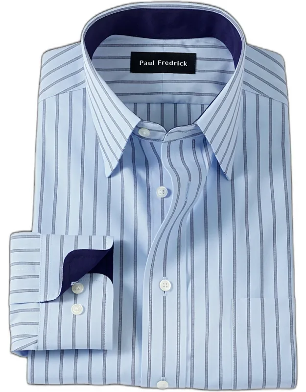 Slim Fit Non-iron Cotton Stripe Dress Shirt With Contrast Trim, Point Collar, Longer Tails