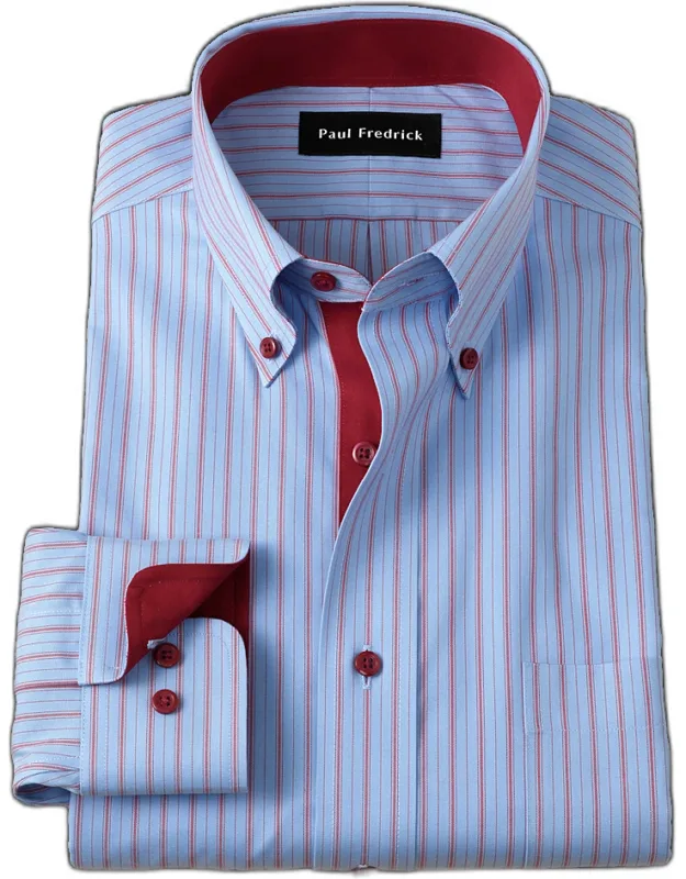 Slim Fit Comfort Stretch Non-iron Stripe Dress Shirt With Contrast Trim, Button Down Collar, Longer Tails Designed To Stay Tucked In