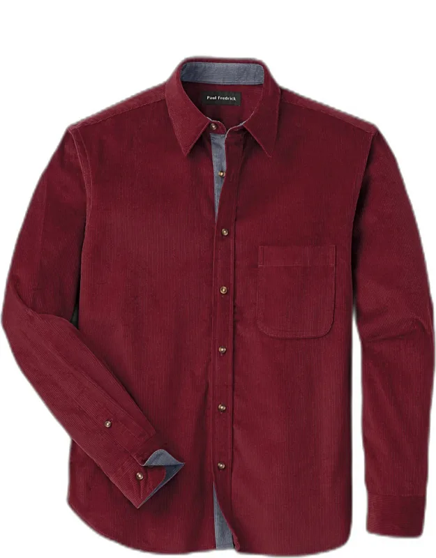 Slim Fit Cotton Corduroy Casual Shirt, Point Collar, Two-button Adjustable Cuffs