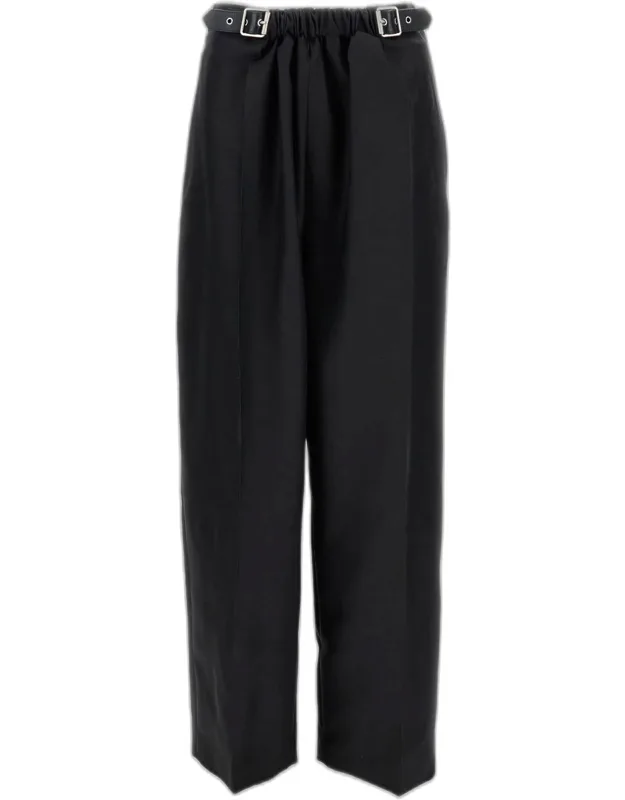 Long Trousers With Pleats, Waist Buckle Detail, Leather Strap, Gold Logo, Side Pockets, Front Zip Closure