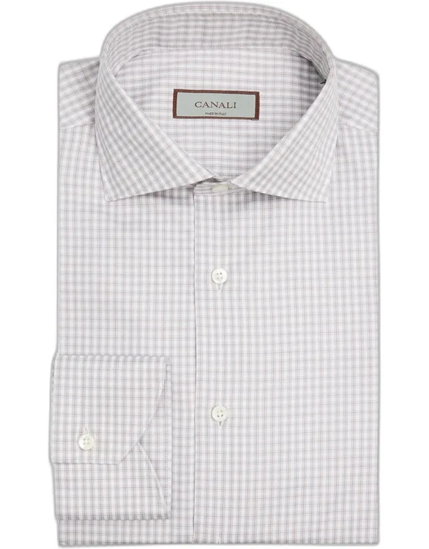 Spread-collar Grid Check Cotton Dress Shirt