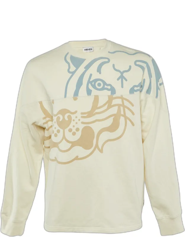 Off White Printed Cotton Crew Neck Sweatshirt