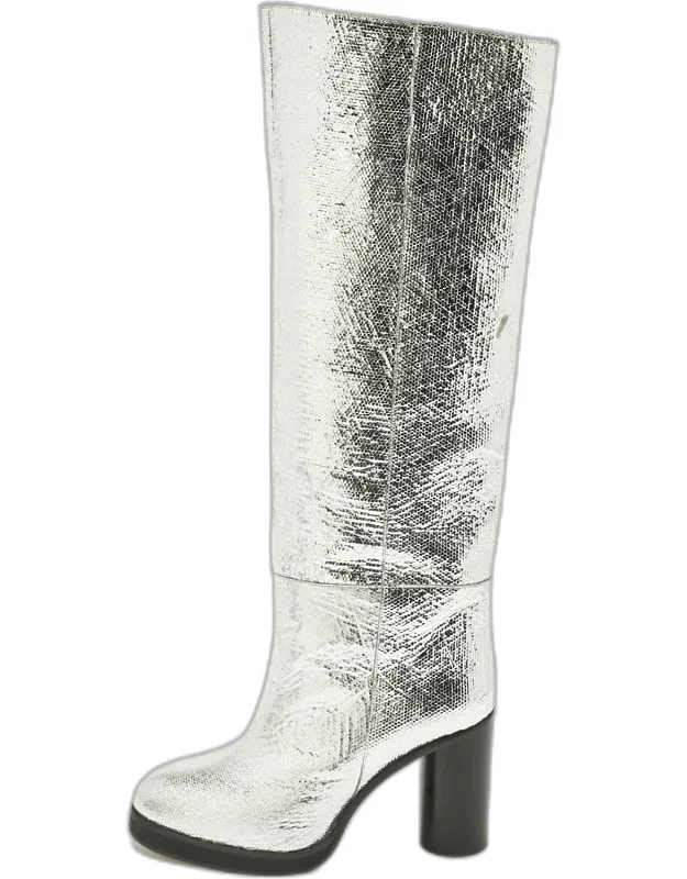 Silver Foil Leather Knee Length Boots