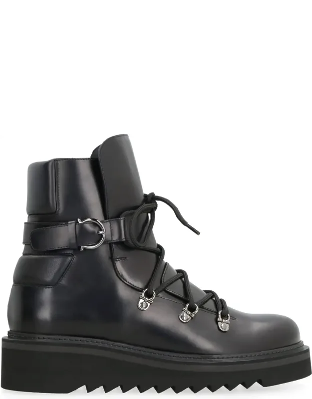 Ferragamo Leather Ankle Boots With Side Zip Opening And Front Lace-up Fastening
