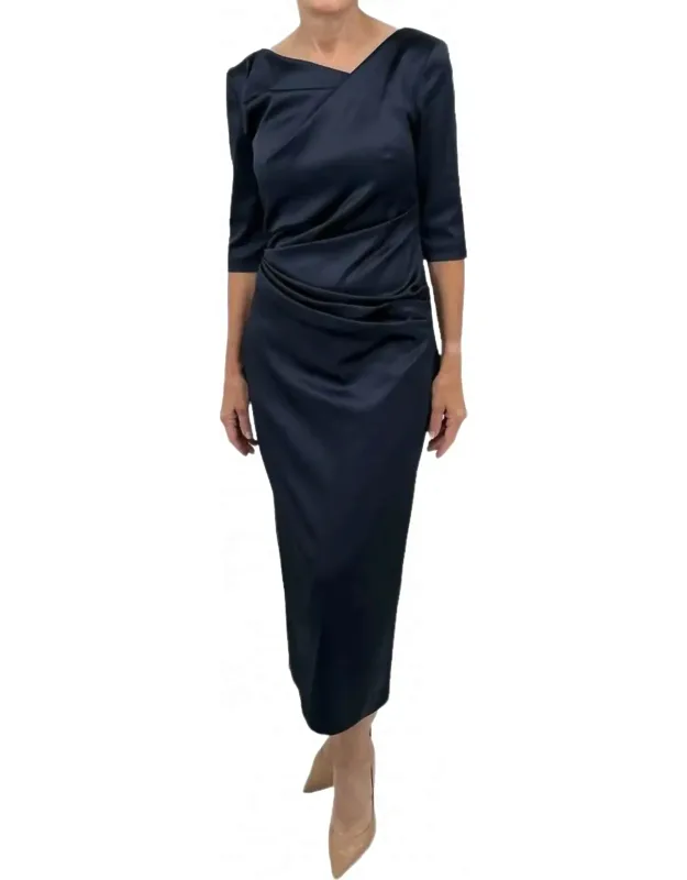 Three-quarter Sleeve Satin Duchesse Midi Dress