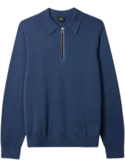 Mid Blue 'sports Stripe' Zip-neck Long-sleeve Polo Shirt