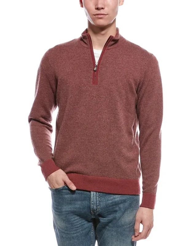 Diagonal Stripe 1/4-zip Cashmere Mock Neck Sweater