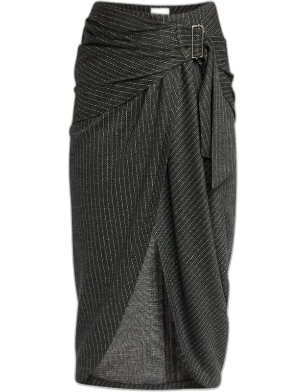 Reilly Pinstripe Draped Midi Wrap Skirt