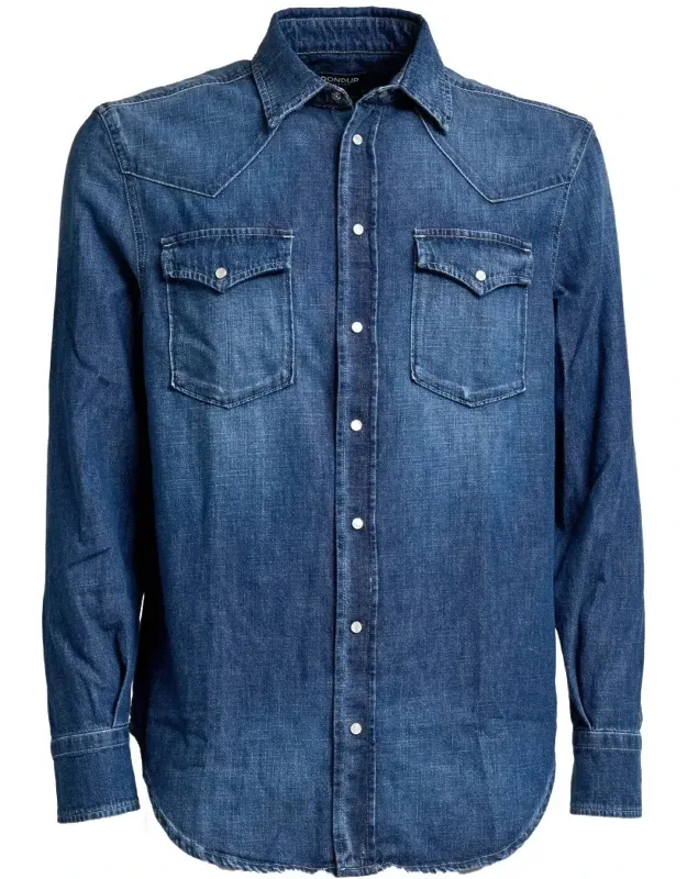 Western Denim Shirt With Fading Details And Snap-button Cuffs