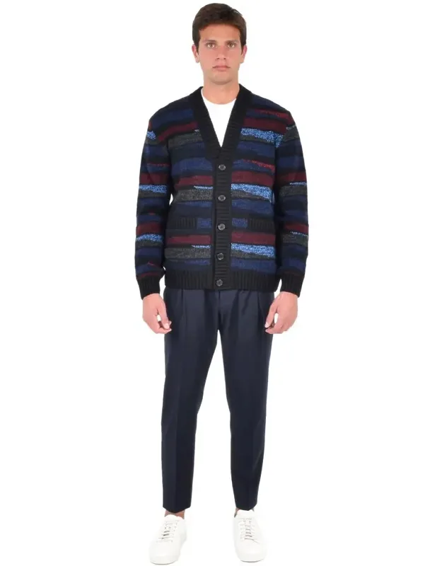 Cardigan Inlaid All-over Stripe Pattern 100% Wool