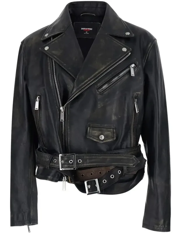 Biker Jacket With Wide Classic Lapels And Logoed Belt At The Waist In Leather
