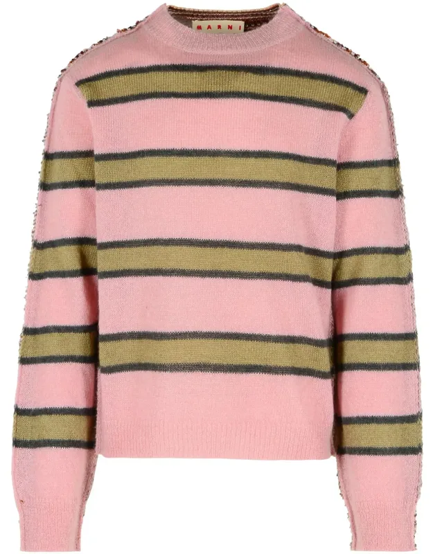 Mohair Blend Sweater With Ribbed Round Neckline And Horizontal Stripe Pattern