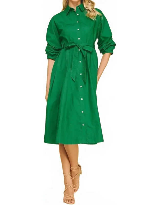 Button Down Midi Dress With Tucked Sleeve