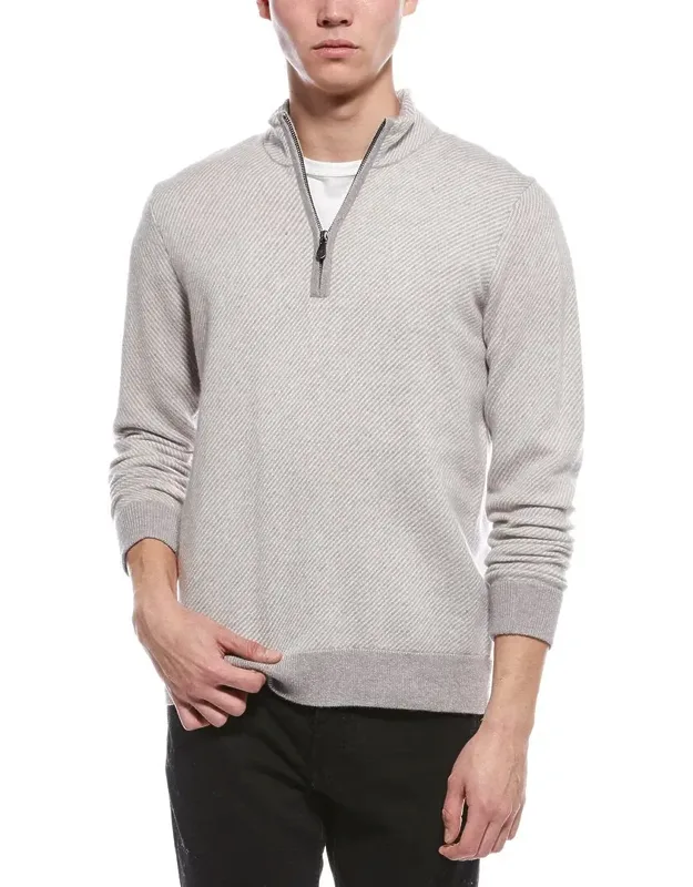 Diagonal Stripe 1/4-zip Cashmere Mock Neck Sweater