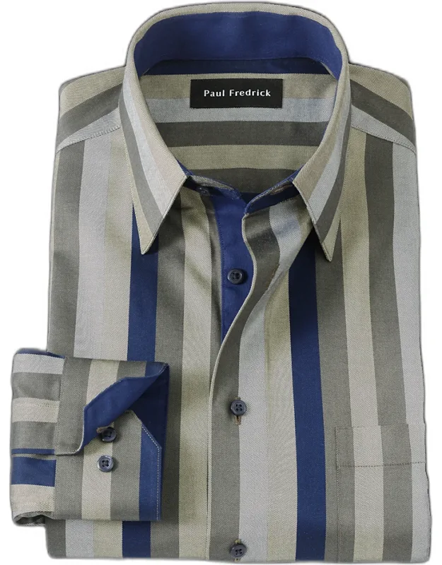 Slim Fit Comfort Stretch Non-iron Stripe Dress Shirt With Contrast Trim, Point Collar, Two-button Adjustable Cuffs