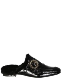 Croc-embossed Leather Mules