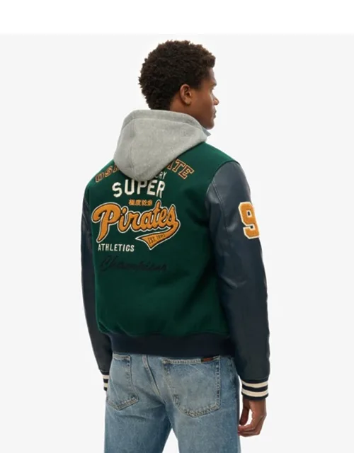 Hooded College Patched Bomber Jacket