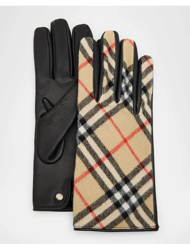 Check Wool And Cashmere Gloves With Leather
