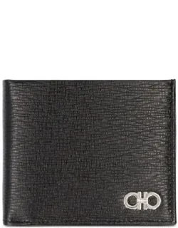 Hammered Leather Metal Gancini Bi-fold Wallet