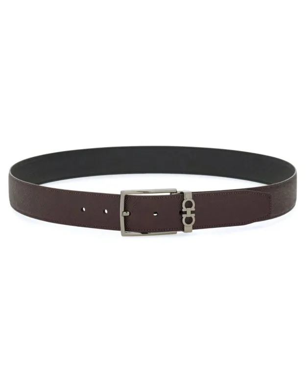 Grained Leather Gancini Motif Reversible Belt