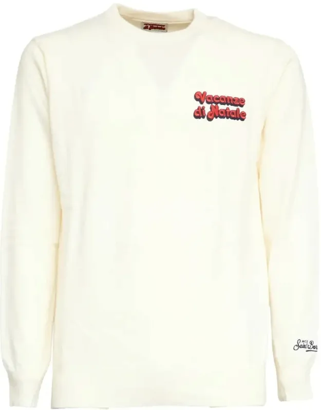 Crewneck Sweater With Ribbed Detailing And Holiday Embroidery