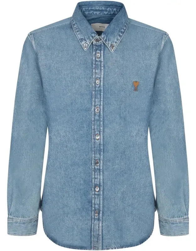 Classic Denim Shirt With Structured Collar And Button-down Front