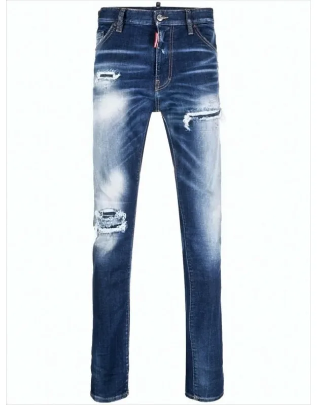 Slim Fit Distressed Denim Pants With Ripped Detailing And Contrast Stitching