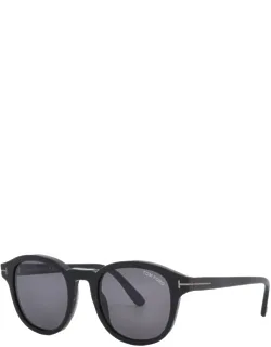 Sunglasses, Round Full Rim, Shiny Black Frame And Smoke Lens