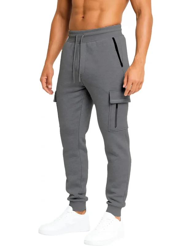 Modern Fit Heavyweight Tech Fleece Cargo Jogger Pants With Zipper Pockets
