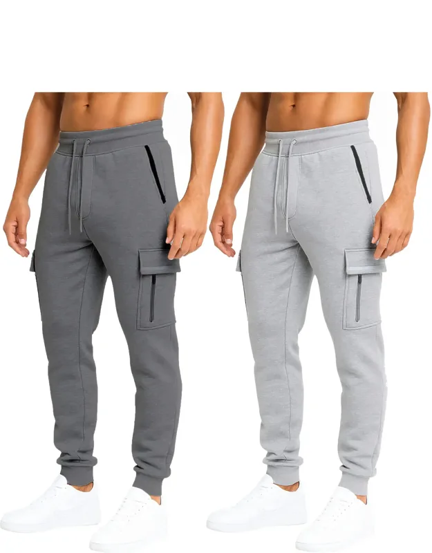 Modern Fit Heavyweight Tech Fleece Cargo Jogger Pants With Zipper Pockets-2 Pack