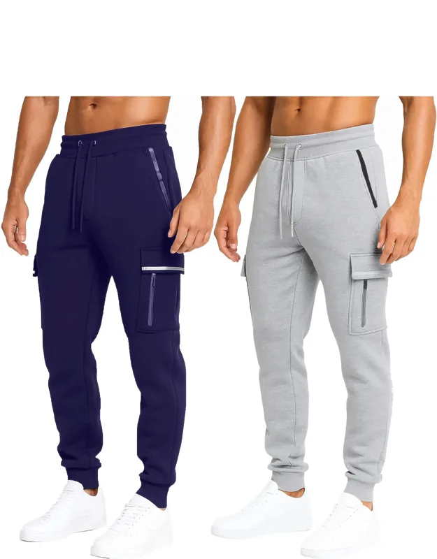 Modern Fit Heavyweight Tech Fleece Cargo Jogger Pants With Zipper Pockets - 2 Pack