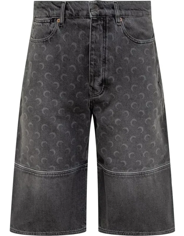 Bermuda Shorts In Grey Denim With Lunar Motif