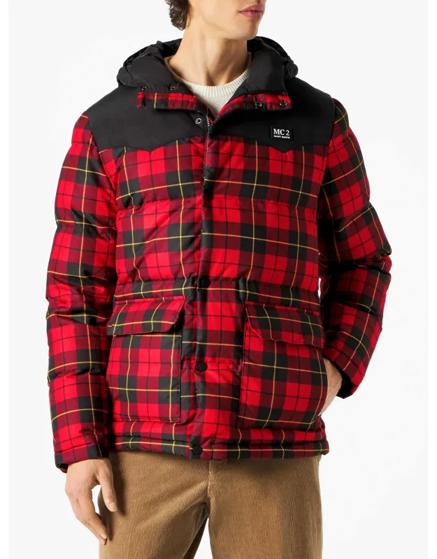 Hooded Down Jacket With Tartan Print