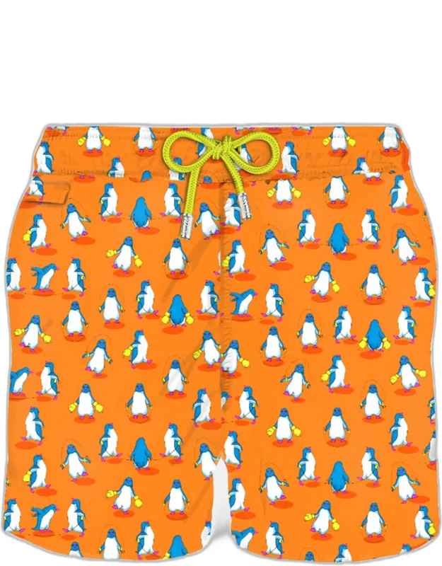 Light Fabric Swim Shorts With Penguins Print