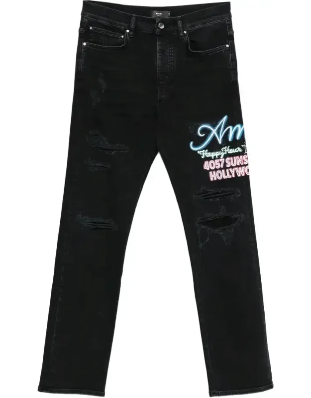 Jeans With Distressed Detailing And Embroidered Graphic