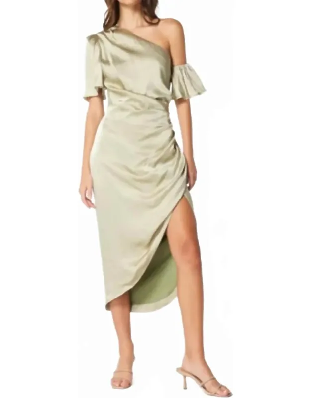Angela Midi Dress With Thigh-high Slit And Puff Sleeves