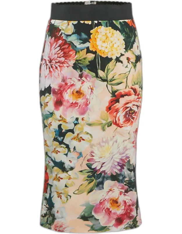Multicolor Floral Print Crepe Pencil Skirt
